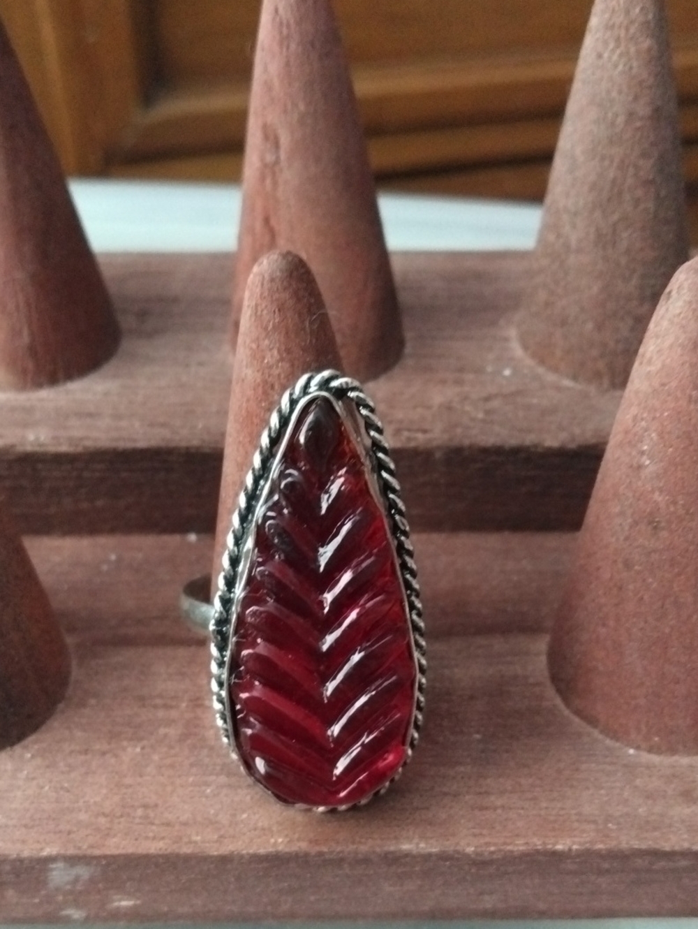 Red Carved Teardrop Statement Ring
